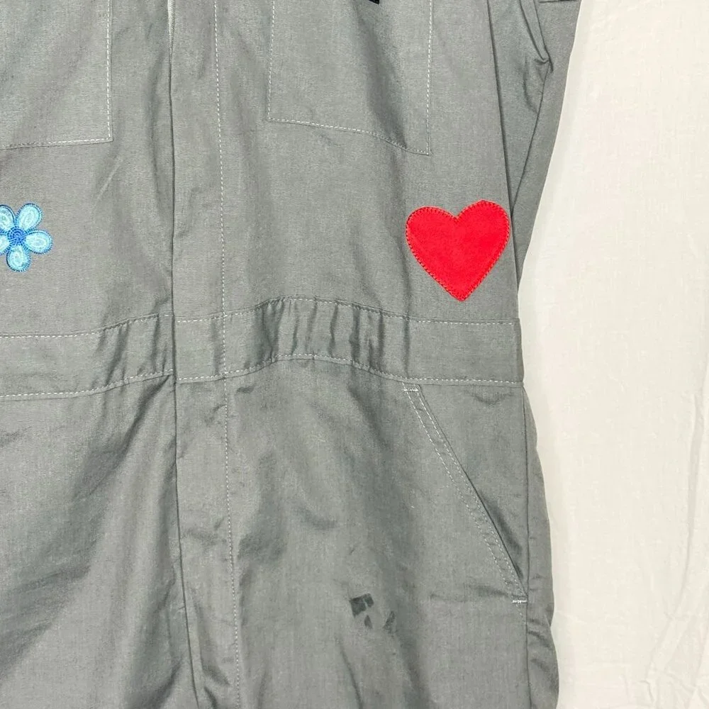 Dickies Gray Sleeveless Work Jumpsuit Heart Bear Flower Patches Irregular Medium - Picture 6 of 8